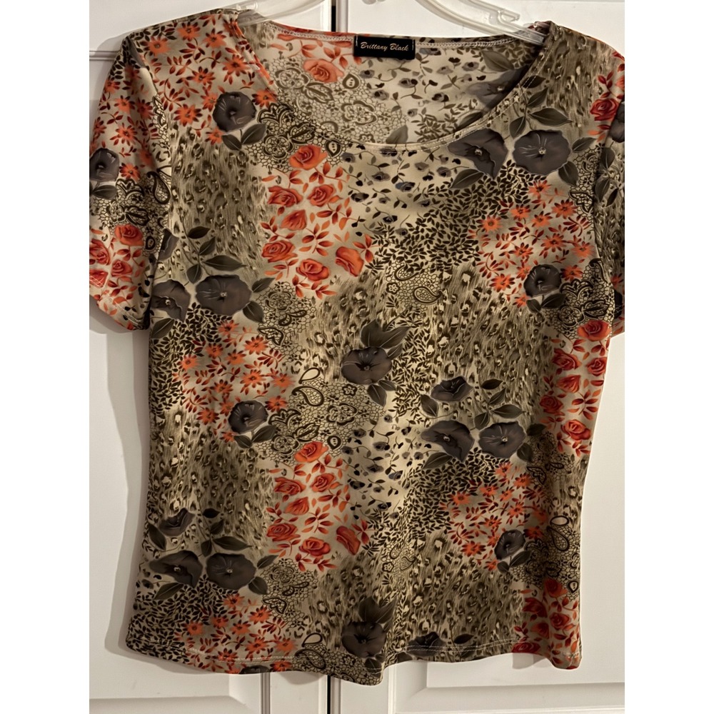 Brittany Black Womens Floral Paisley Animal Print Short Sleeve Scoop Neck Blouse